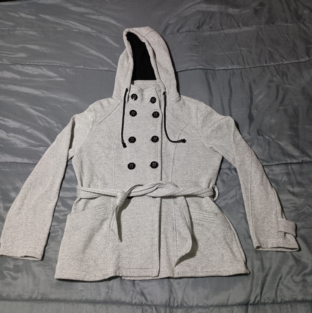 Sebby Jacket Coat Womens Large Hooded Gray Pea Coat Button Closure Belt